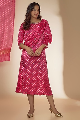 Pink Silk Bandhani Printed & Mirror Hand Embroidered Draped Dress by Sheeshakari