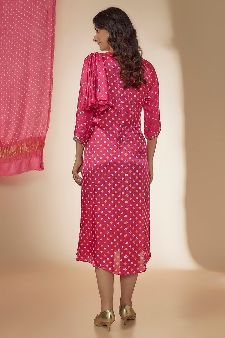 Pink Silk Bandhani Printed & Mirror Hand Embroidered Draped Vacation Dress by Sheeshakari at Pernia's Pop Up Shop