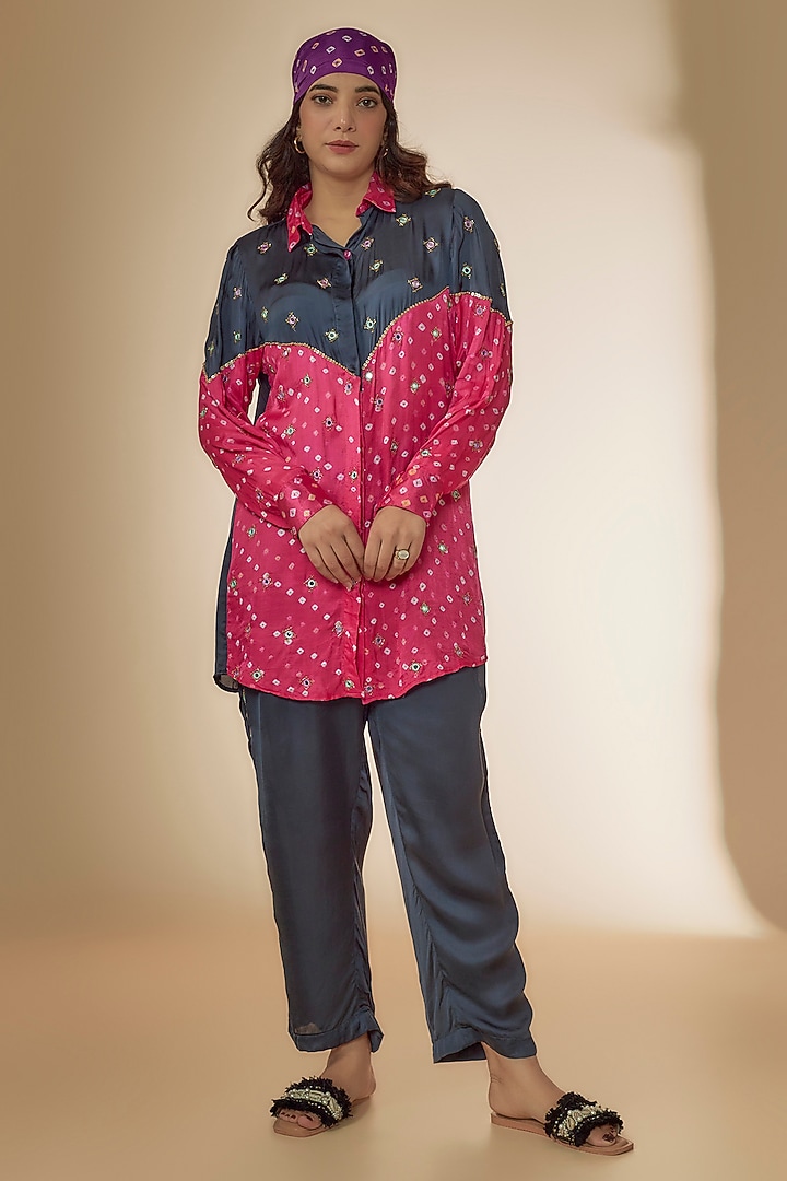 Pink & Grey Silk Embroidered Co-Ord Set by Sheeshakari at Pernia's Pop Up Shop