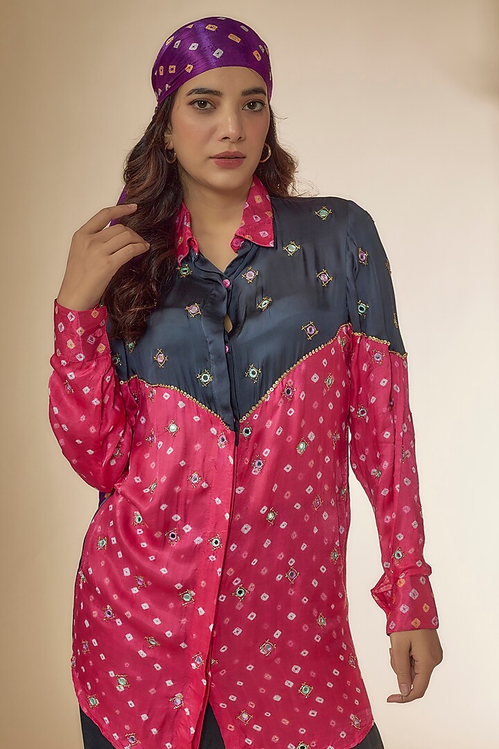 Pink & Grey Silk Embroidered Co-Ord Set by Sheeshakari at Pernia's Pop Up Shop