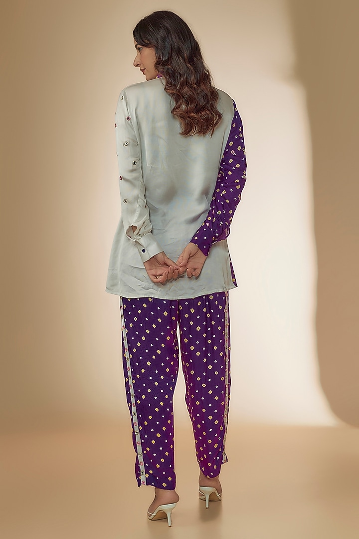 Purple & White Silk Bandhani Printed & Embroidered Co-Ord Set by Sheeshakari at Pernia's Pop Up Shop