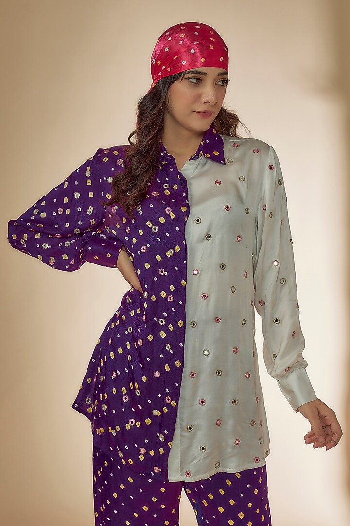 Purple & White Silk Bandhani Printed & Embroidered Co-Ord Set by Sheeshakari at Pernia's Pop Up Shop