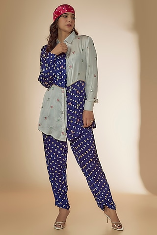 Blue & White Silk Bandhani Printed & Embroidered Co-Ord Set by Sheeshakari