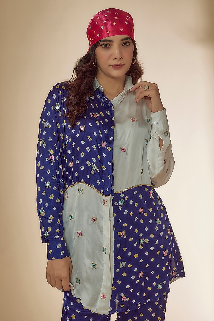 Blue & White Silk Bandhani Printed & Embroidered Co-Ord Set by Sheeshakari at Pernia's Pop Up Shop