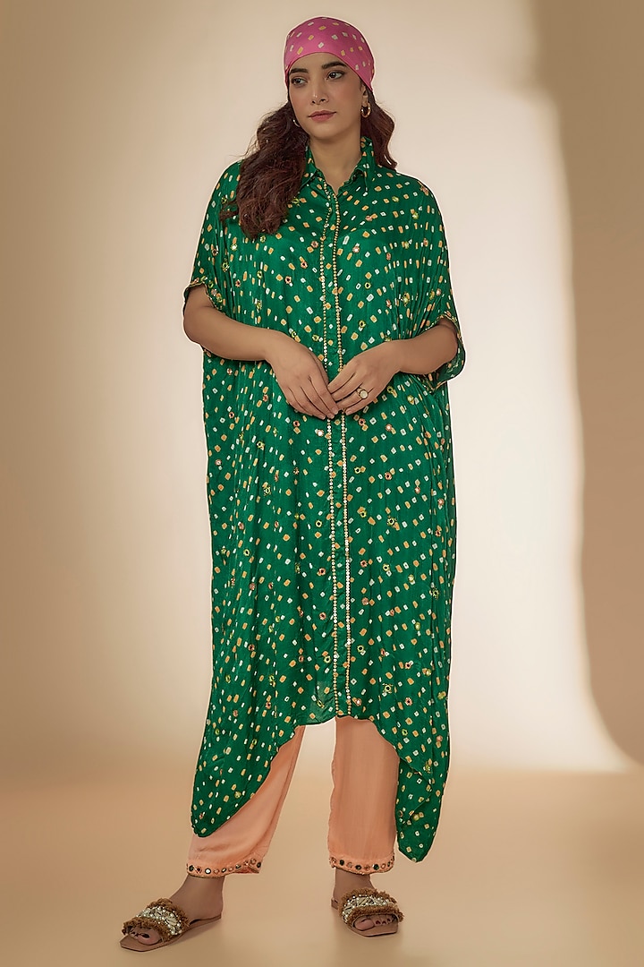 Green Bandhani Silk Beads & Mirror Hand Embroidered Kaftan Set by Sheeshakari at Pernia's Pop Up Shop