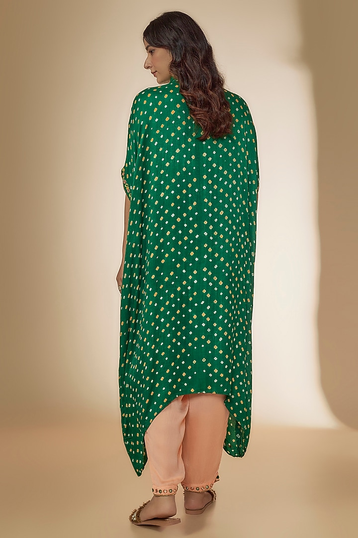Green Bandhani Silk Beads & Mirror Hand Embroidered Kaftan Set by Sheeshakari at Pernia's Pop Up Shop