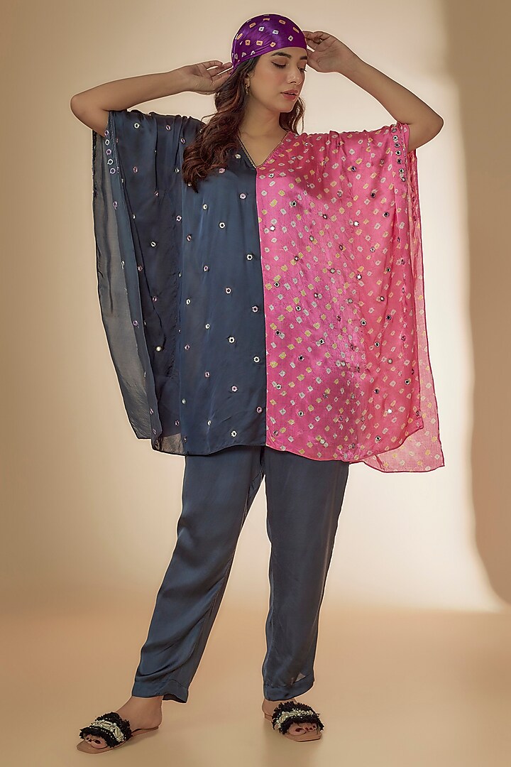 Pink & Grey Silk Bandhani Printed & Embroidered Co-Ord Set by Sheeshakari at Pernia's Pop Up Shop