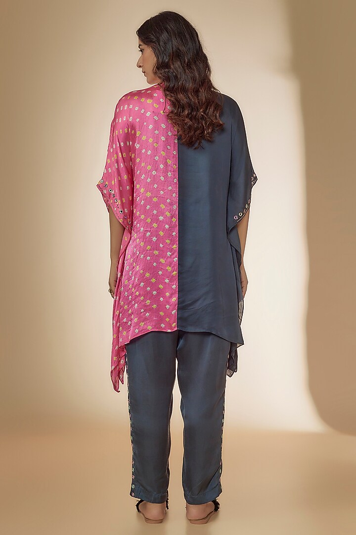 Pink & Grey Silk Bandhani Printed & Embroidered Co-Ord Set by Sheeshakari at Pernia's Pop Up Shop