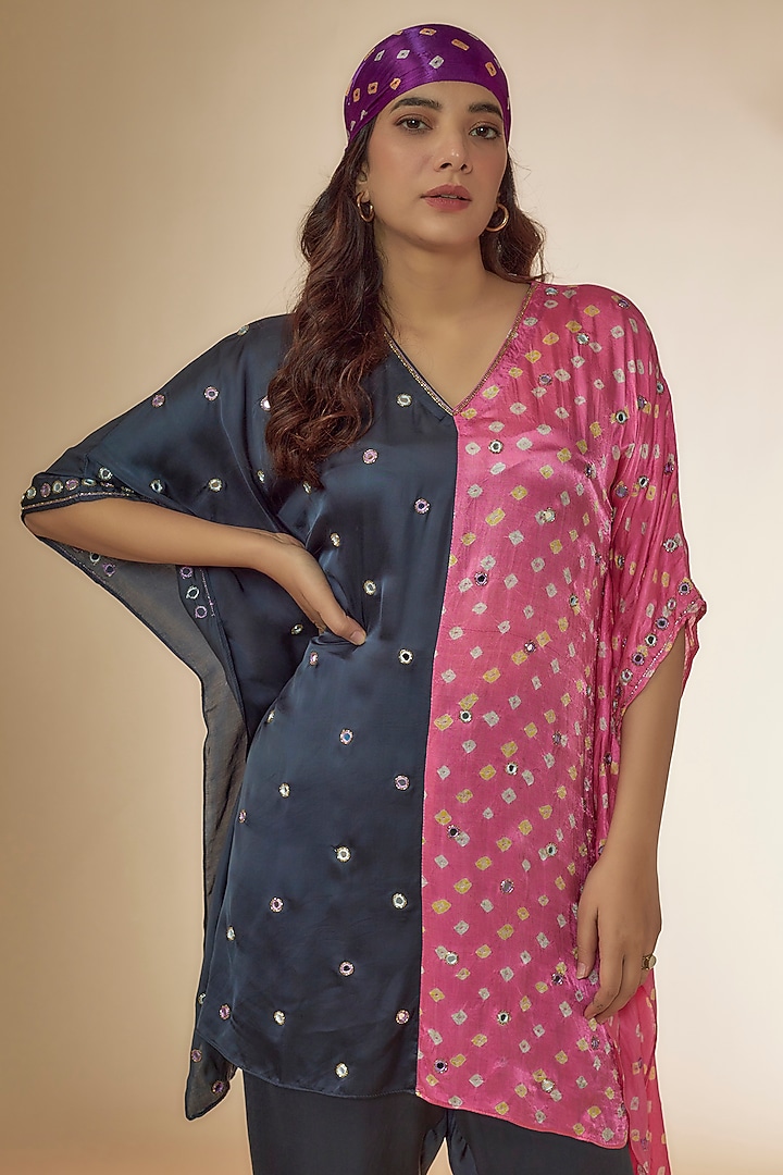 Pink & Grey Silk Bandhani Printed & Embroidered Co-Ord Set by Sheeshakari at Pernia's Pop Up Shop