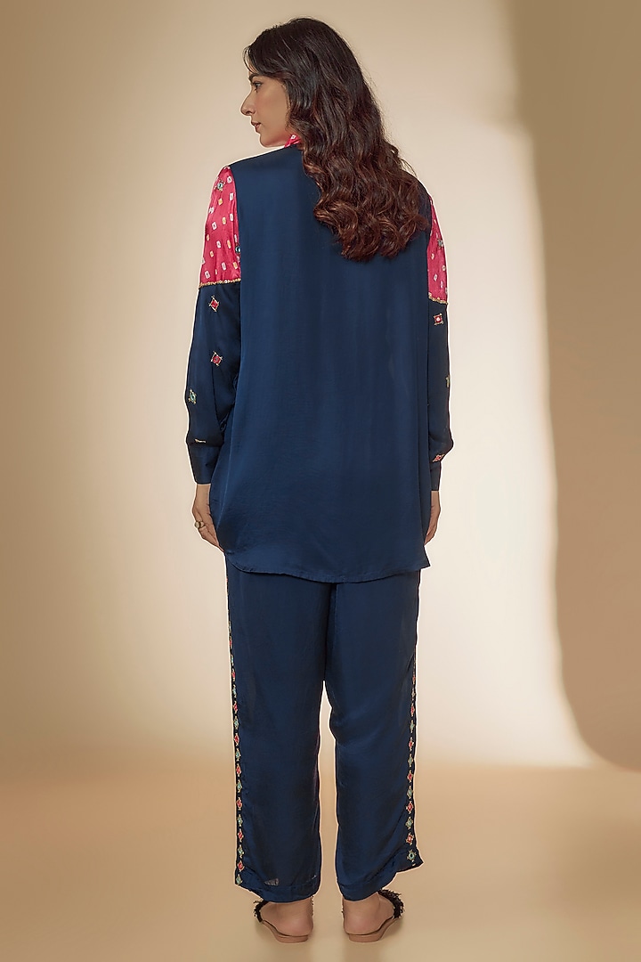 Blue & Pink Silk Bandhani Printed & Embroidered Co-Ord Set by Sheeshakari at Pernia's Pop Up Shop