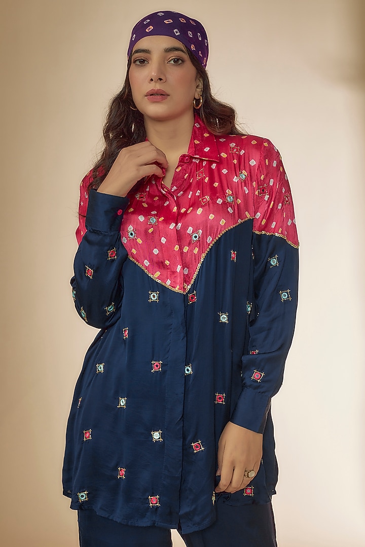 Blue & Pink Silk Bandhani Printed & Embroidered Co-Ord Set by Sheeshakari at Pernia's Pop Up Shop