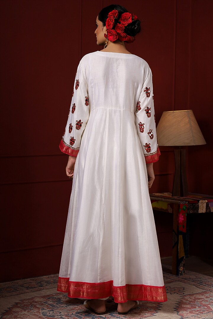 Pearl White & Red Silk Hand Embroidered Wedding Anarkali Set by Sheeshakari at Pernia's Pop Up Shop