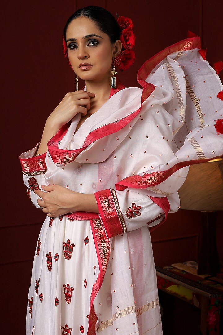 Pearl White & Red Silk Hand Embroidered Wedding Anarkali Set by Sheeshakari at Pernia's Pop Up Shop