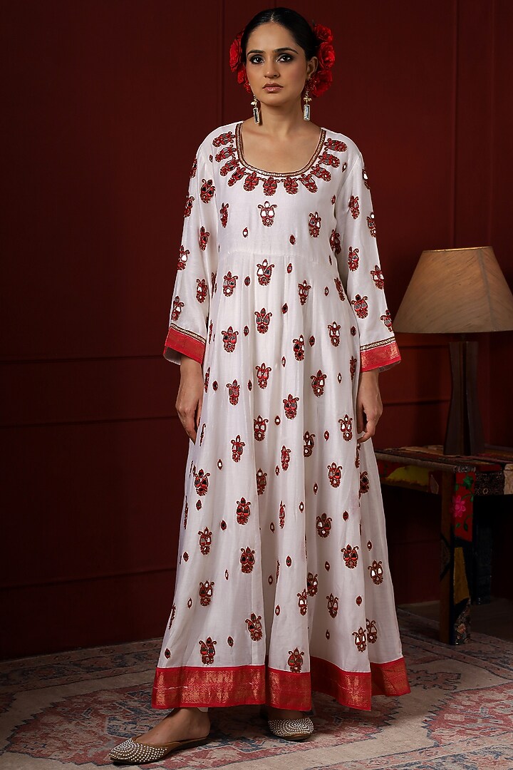 Pearl White & Red Silk Hand Embroidered Wedding Anarkali Set by Sheeshakari at Pernia's Pop Up Shop