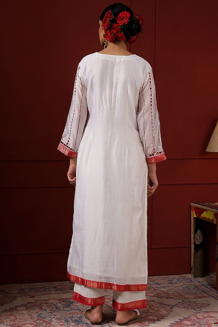 Pearl White & Red Silk Hand Embroidered Kurta Set by Sheeshakari at Pernia's Pop Up Shop
