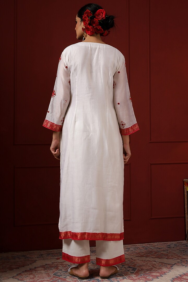White & Red Silk Hand Embroidered Kurta Set by Sheeshakari at Pernia's Pop Up Shop