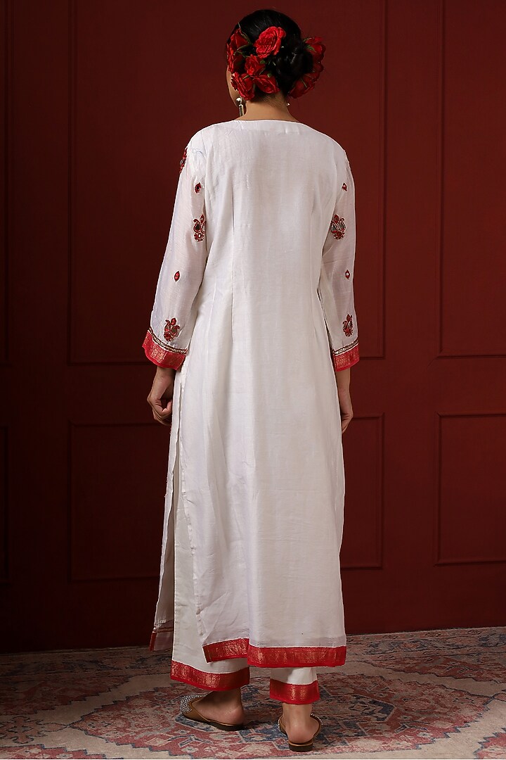 White & Red Silk Hand Embroidered Kurta Set by Sheeshakari at Pernia's Pop Up Shop
