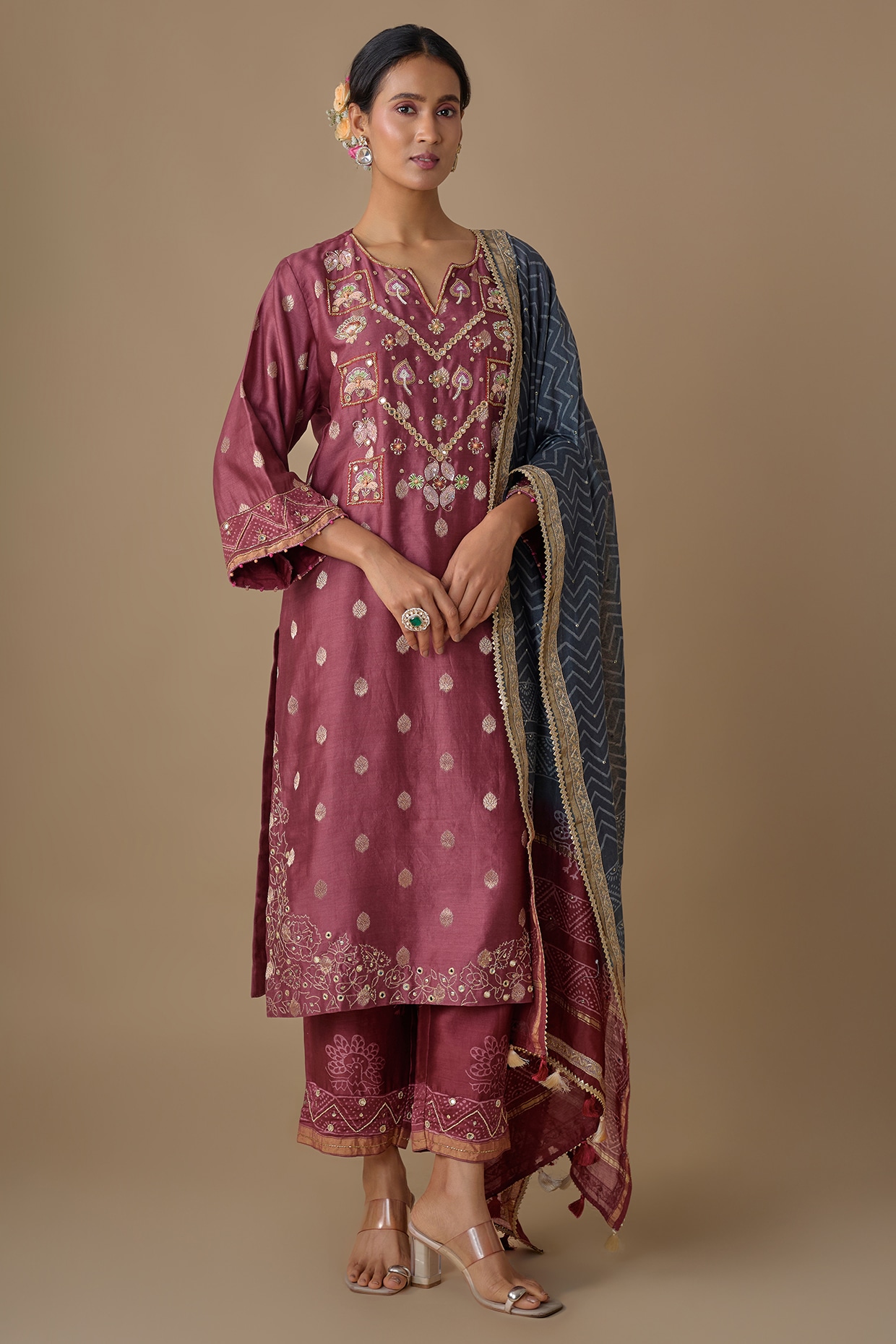 Sheeshakari Burgundy Silk Hand Embroidered Kurta Set