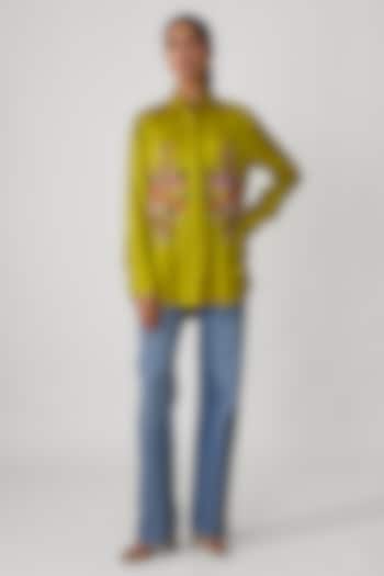 Mustard Silk Hand Embroidered Shirt by Sheeshakari at Pernia's Pop Up Shop