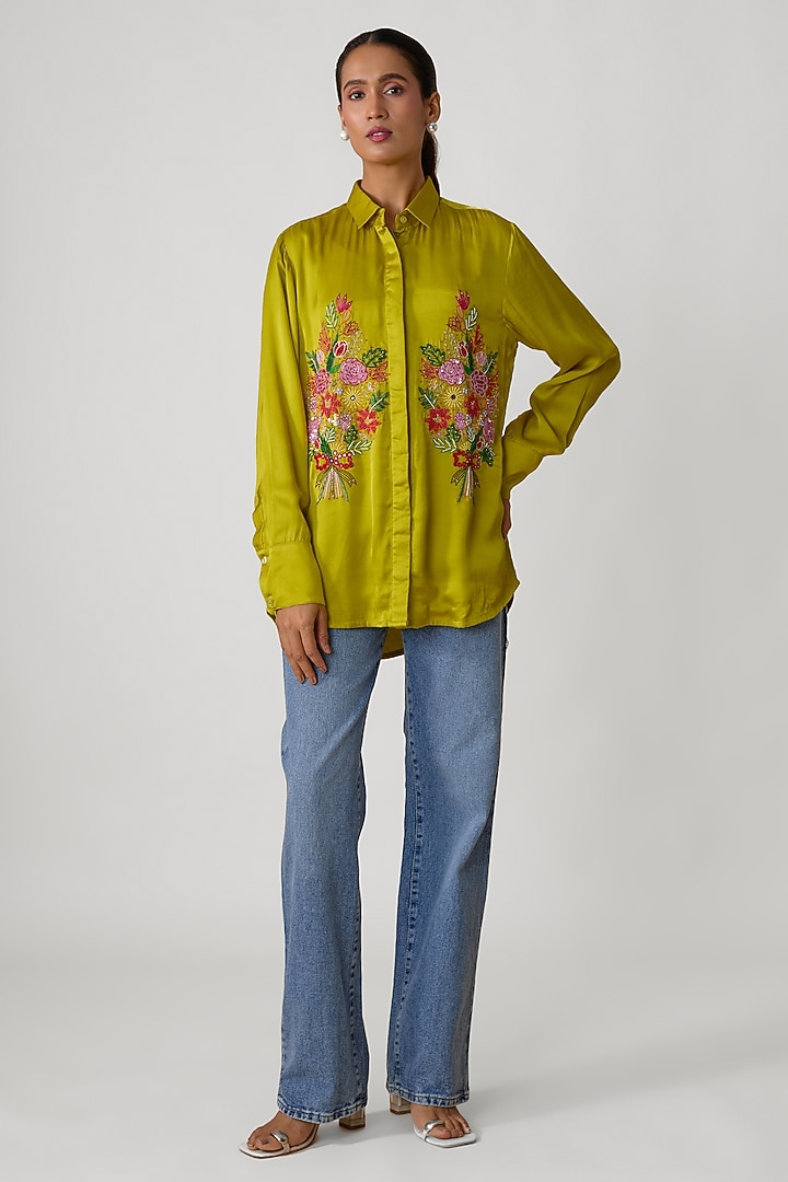 Mustard Silk Hand Embroidered Shirt by Sheeshakari at Pernia's Pop Up Shop