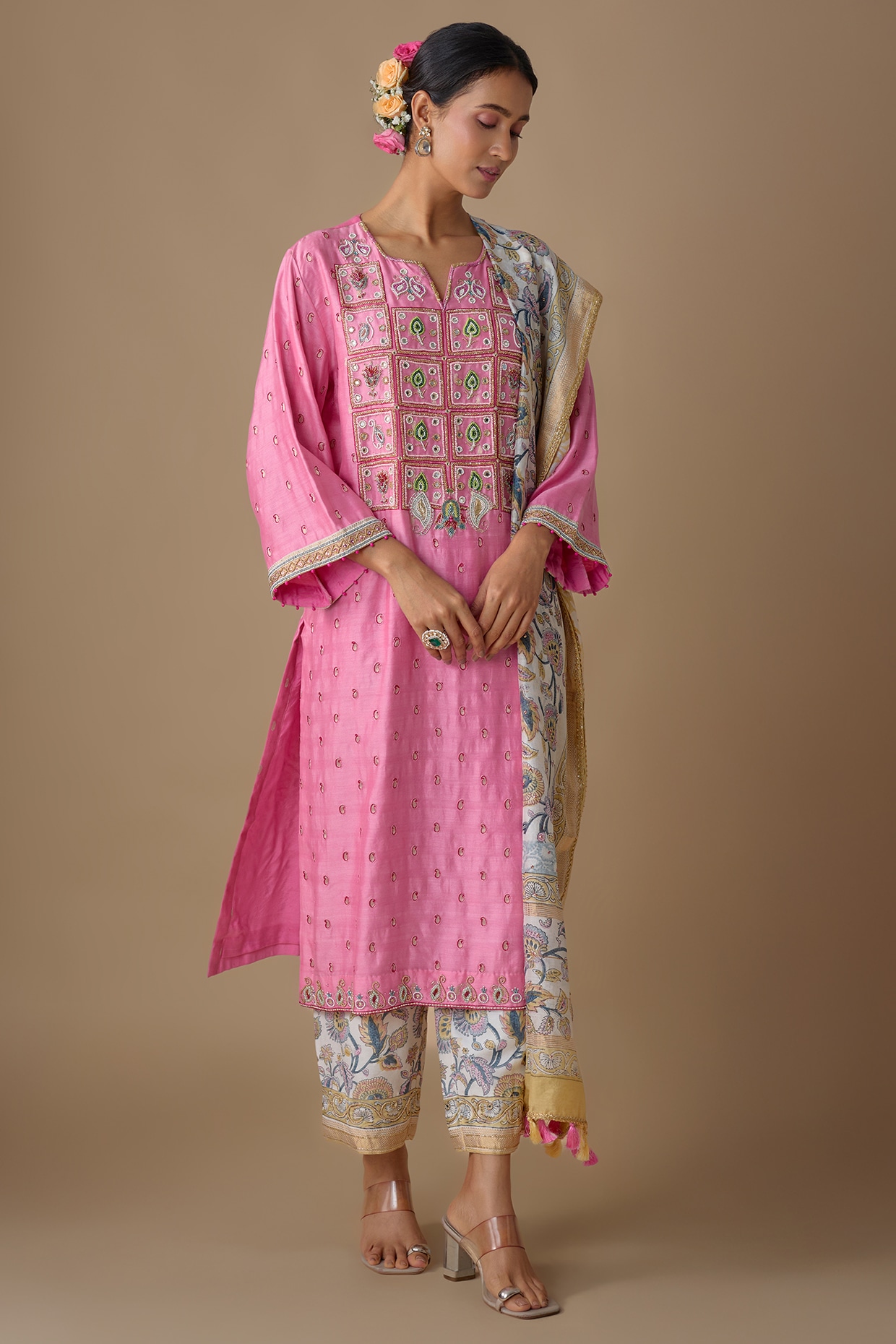 Sheeshakari Pink Silk Hand Embroidered Kurta Set
