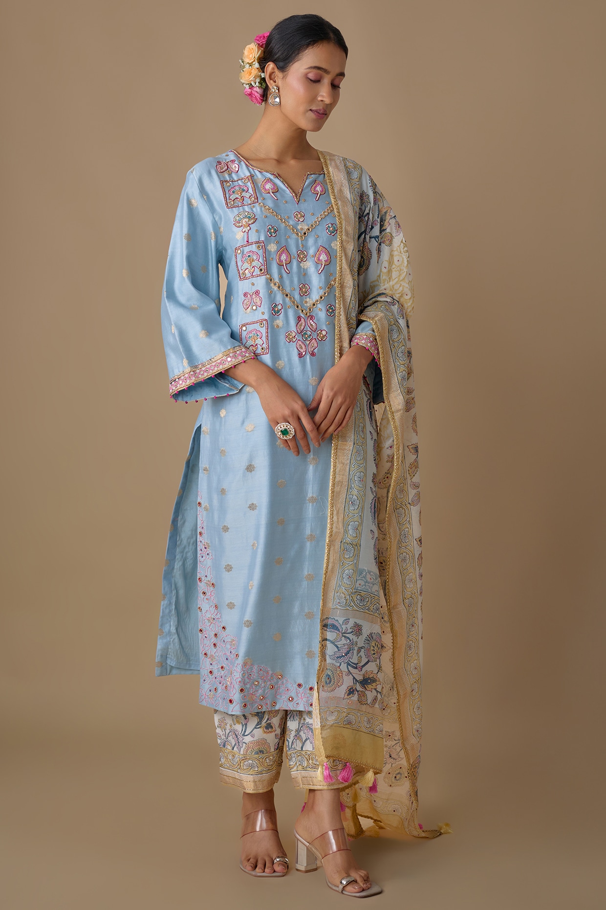 Sheeshakari Powder Blue Silk Hand Embroidered Kurta Set