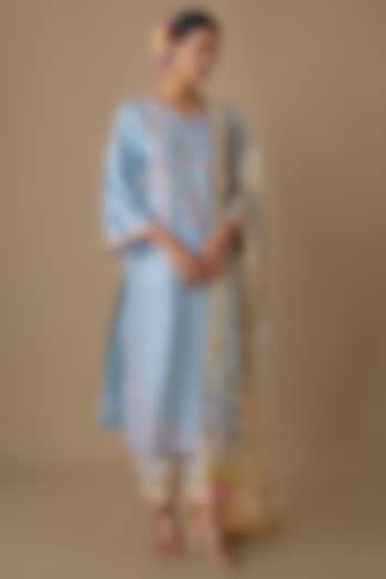 Powder Blue Silk Hand Embroidered Kurta Set by Sheeshakari at Pernia's Pop Up Shop