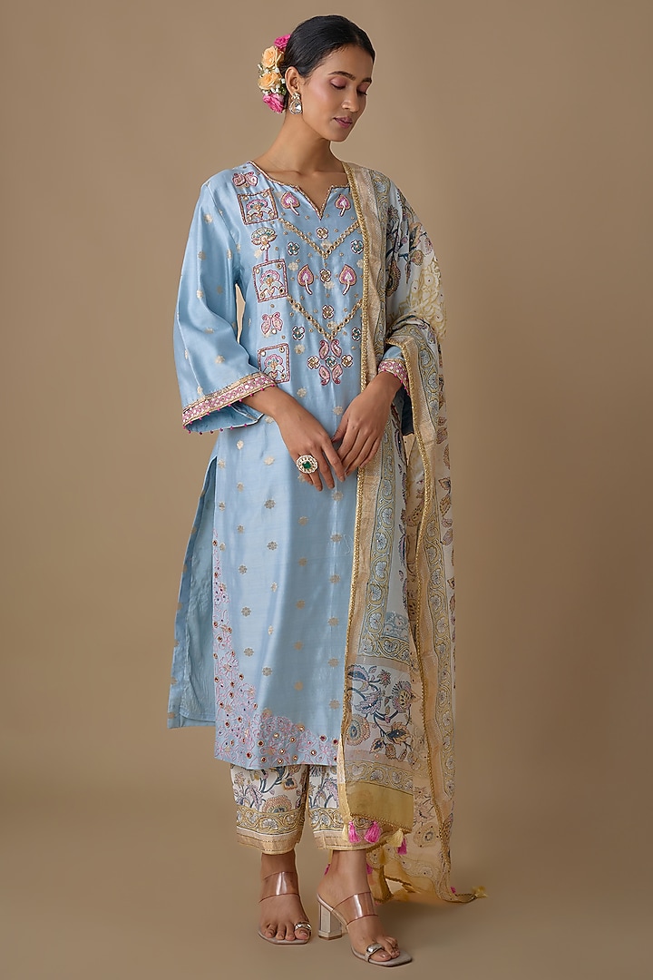 Powder Blue Silk Hand Embroidered Kurta Set by Sheeshakari at Pernia's Pop Up Shop