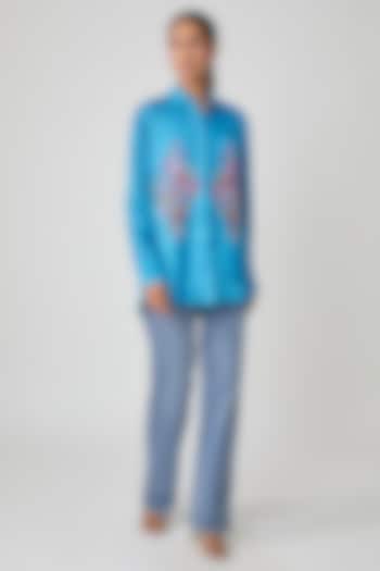 Blue Silk Hand Embroidered Shirt by Sheeshakari at Pernia's Pop Up Shop