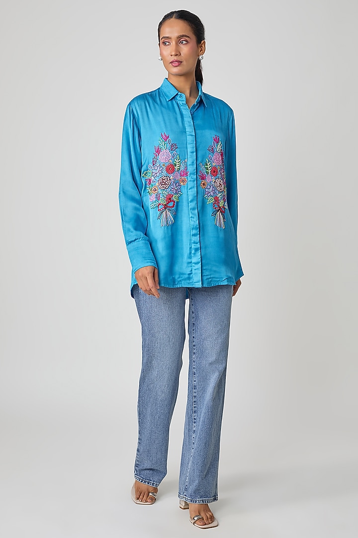 Blue Silk Hand Embroidered Shirt by Sheeshakari at Pernia's Pop Up Shop