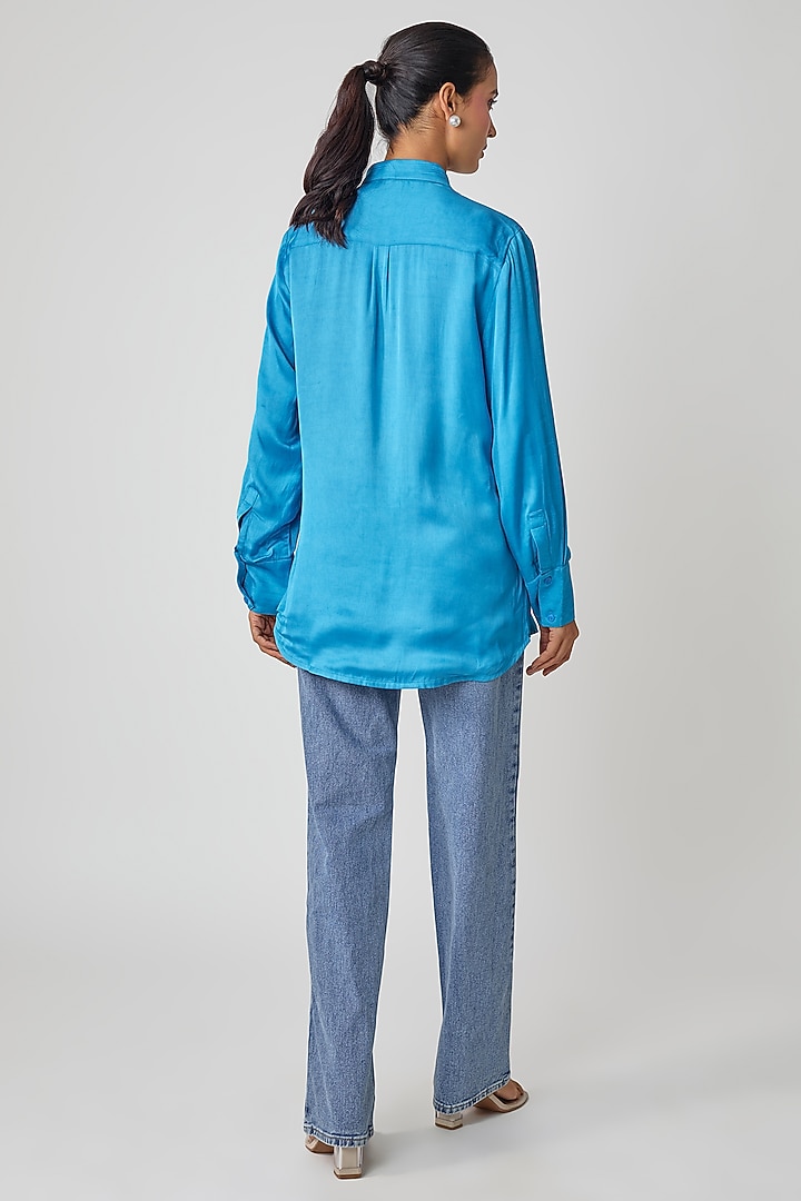 Blue Silk Hand Embroidered Shirt by Sheeshakari at Pernia's Pop Up Shop