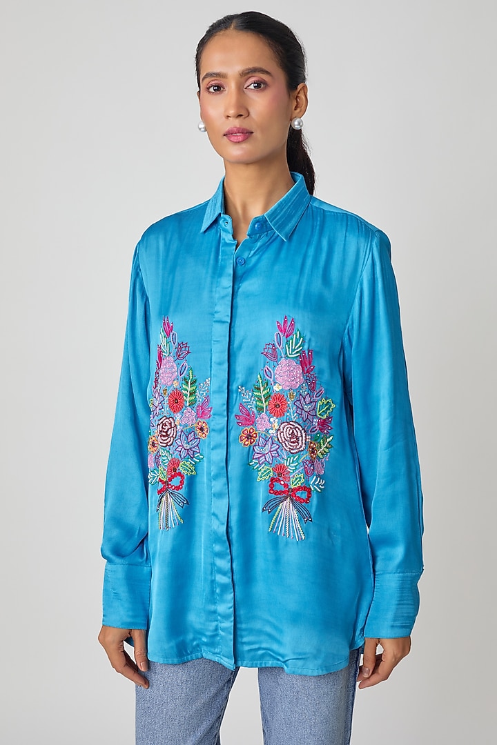 Blue Silk Hand Embroidered Shirt by Sheeshakari at Pernia's Pop Up Shop