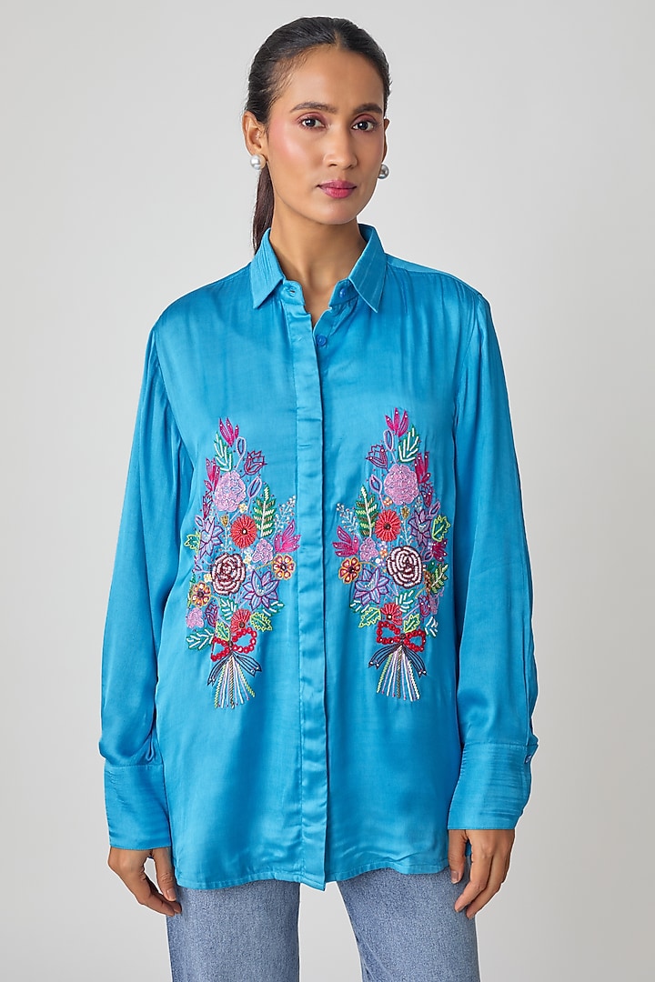 Blue Silk Hand Embroidered Shirt by Sheeshakari at Pernia's Pop Up Shop