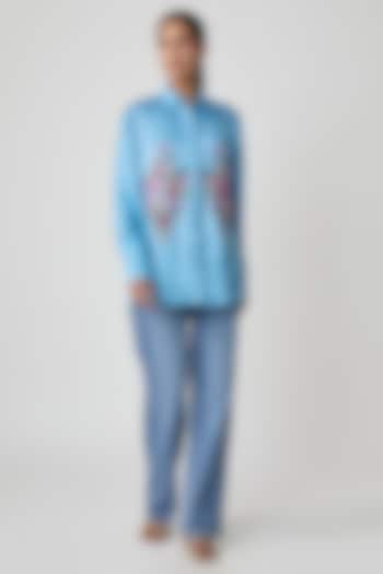 Blue Silk Hand Embroidered Shirt by Sheeshakari at Pernia's Pop Up Shop