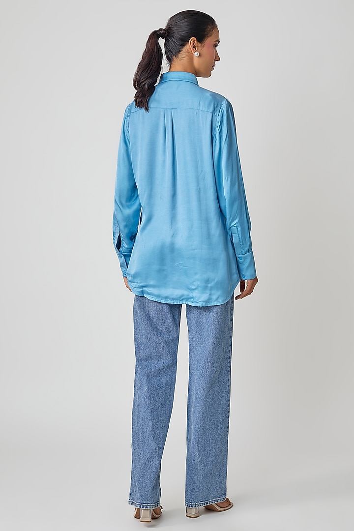 Blue Silk Hand Embroidered Shirt by Sheeshakari at Pernia's Pop Up Shop