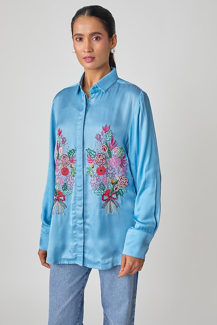 Blue Silk Hand Embroidered Shirt by Sheeshakari at Pernia's Pop Up Shop