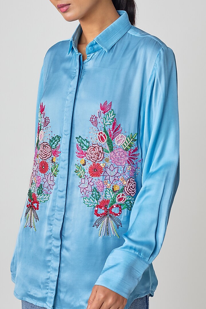 Blue Silk Hand Embroidered Shirt by Sheeshakari at Pernia's Pop Up Shop