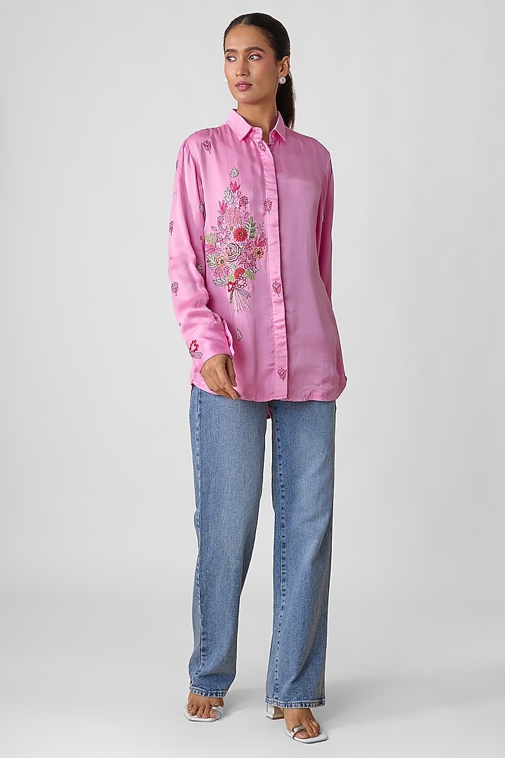 Blush Pink Silk Hand Embroidered Shirt by Sheeshakari at Pernia's Pop Up Shop