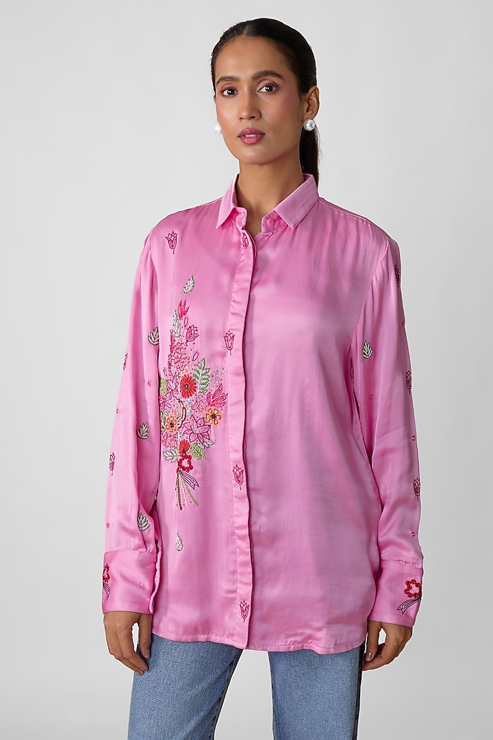 Blush Pink Silk Hand Embroidered Shirt by Sheeshakari at Pernia's Pop Up Shop