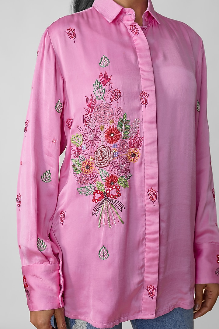Blush Pink Silk Hand Embroidered Shirt by Sheeshakari at Pernia's Pop Up Shop
