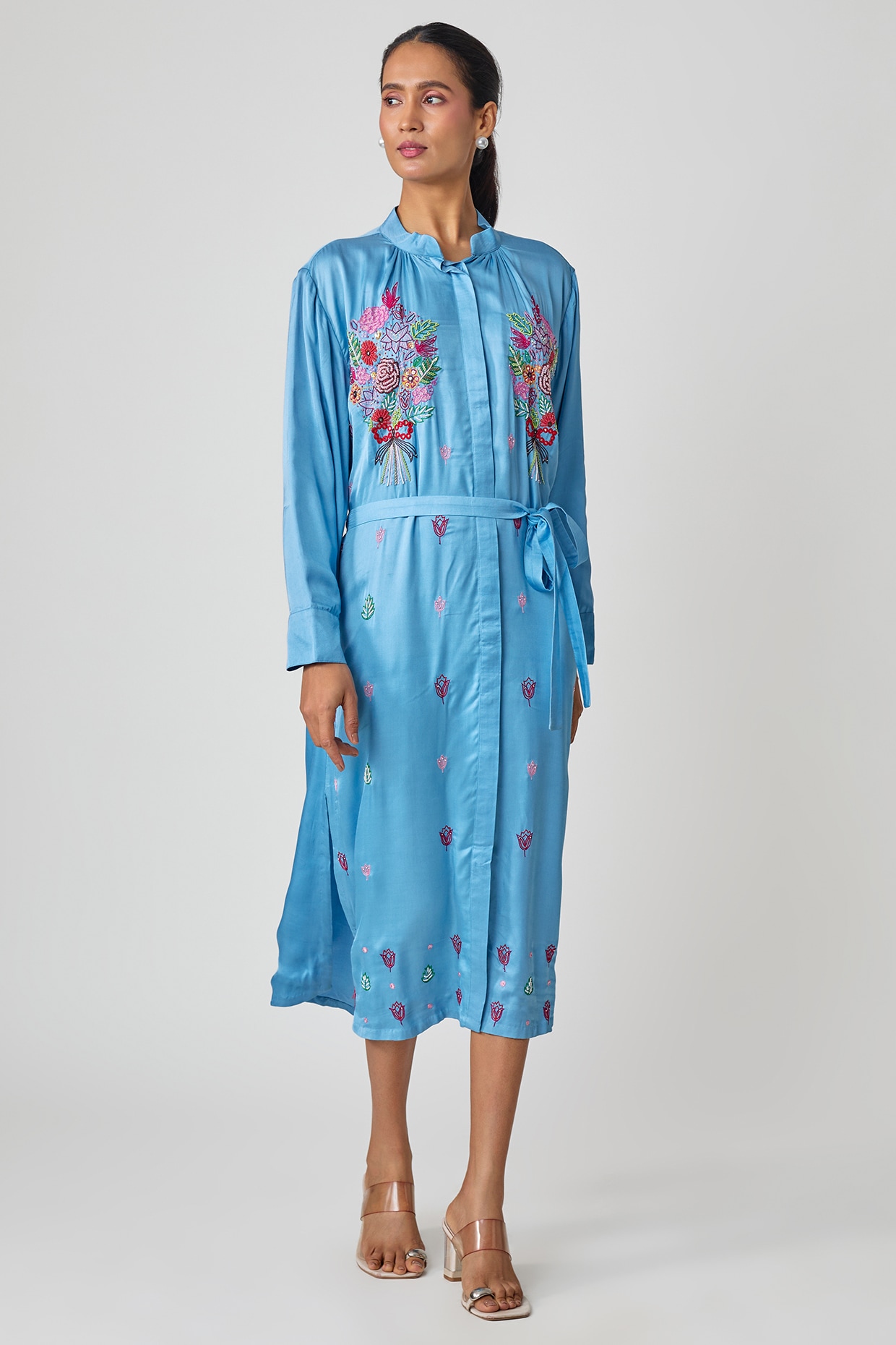 Sheeshakari Blue Silk Hand Embroidered Shirt Dress