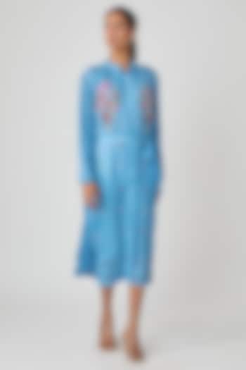 Blue Silk Hand Embroidered Vacation Shirt Dress by Sheeshakari at Pernia's Pop Up Shop