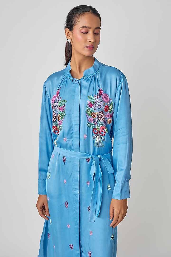 Blue Silk Hand Embroidered Vacation Shirt Dress by Sheeshakari at Pernia's Pop Up Shop