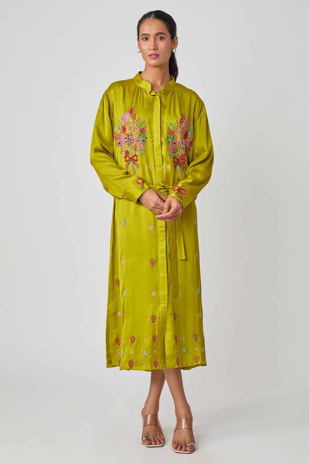 Sheeshakari Mustard Silk Hand Embroidered Shirt Dress