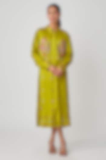 Mustard Silk Hand Embroidered Vacation Shirt Dress by Sheeshakari at Pernia's Pop Up Shop