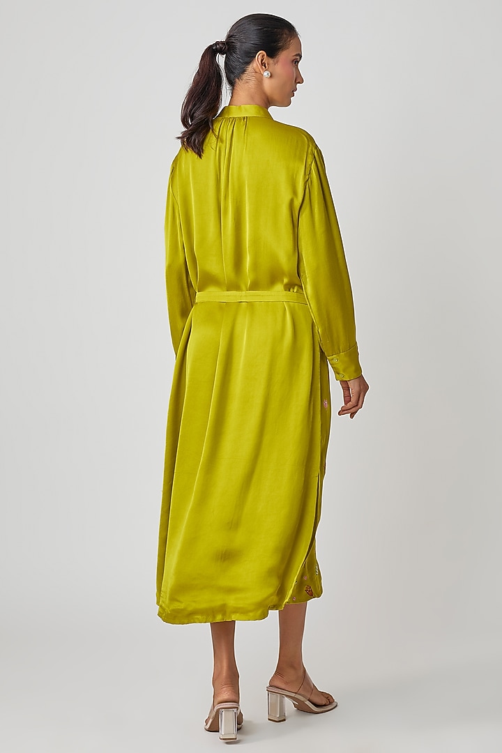 Mustard Silk Hand Embroidered Vacation Shirt Dress by Sheeshakari at Pernia's Pop Up Shop
