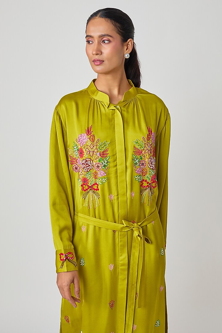Mustard Silk Hand Embroidered Vacation Shirt Dress by Sheeshakari at Pernia's Pop Up Shop