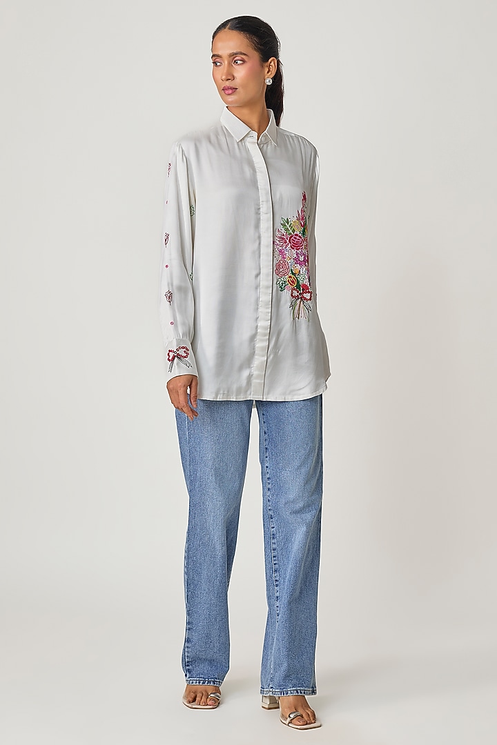 White Silk Hand Embroidered Shirt by Sheeshakari at Pernia's Pop Up Shop