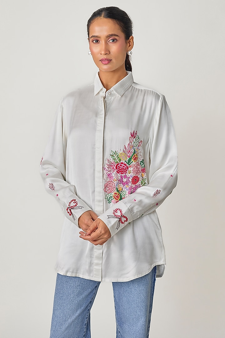 White Silk Hand Embroidered Shirt by Sheeshakari at Pernia's Pop Up Shop
