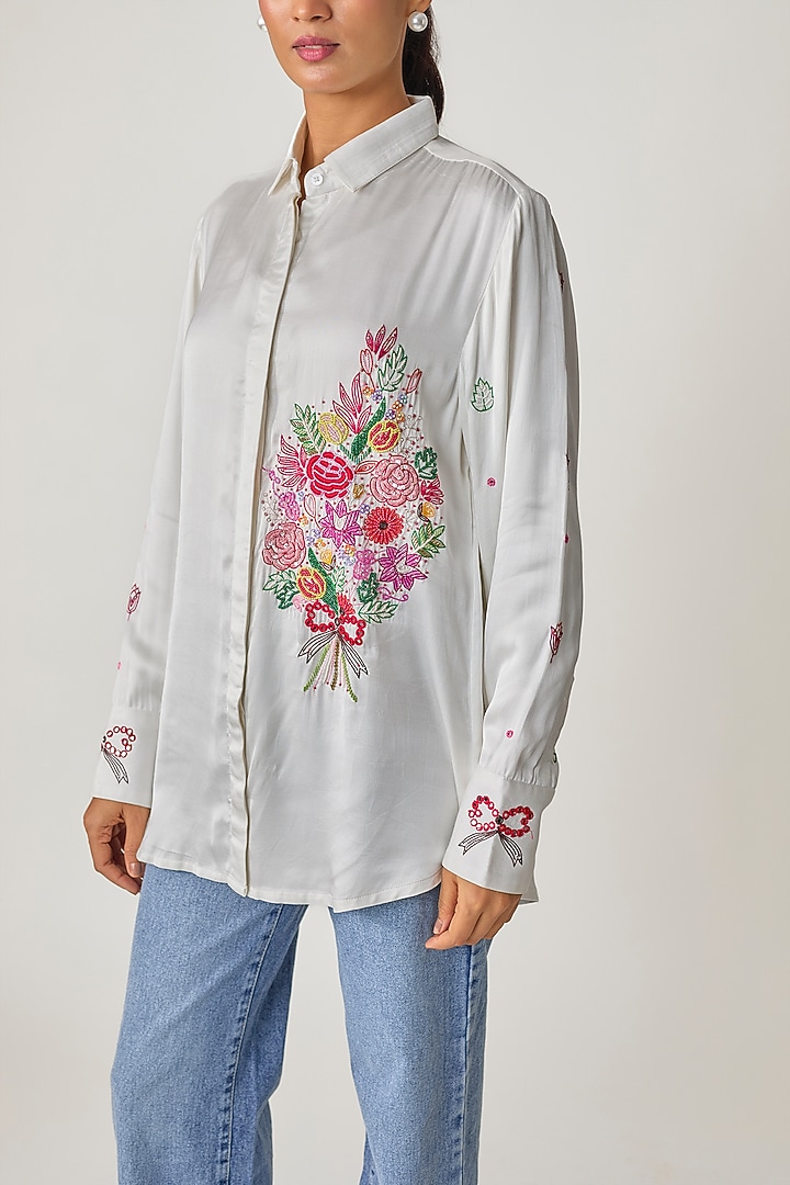 White Silk Hand Embroidered Shirt by Sheeshakari at Pernia's Pop Up Shop